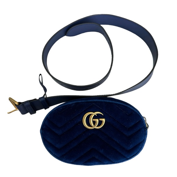 Gucci Quilted Velvet Marmont Belt Bag 85 Navy Blue - Picture 1 of 4